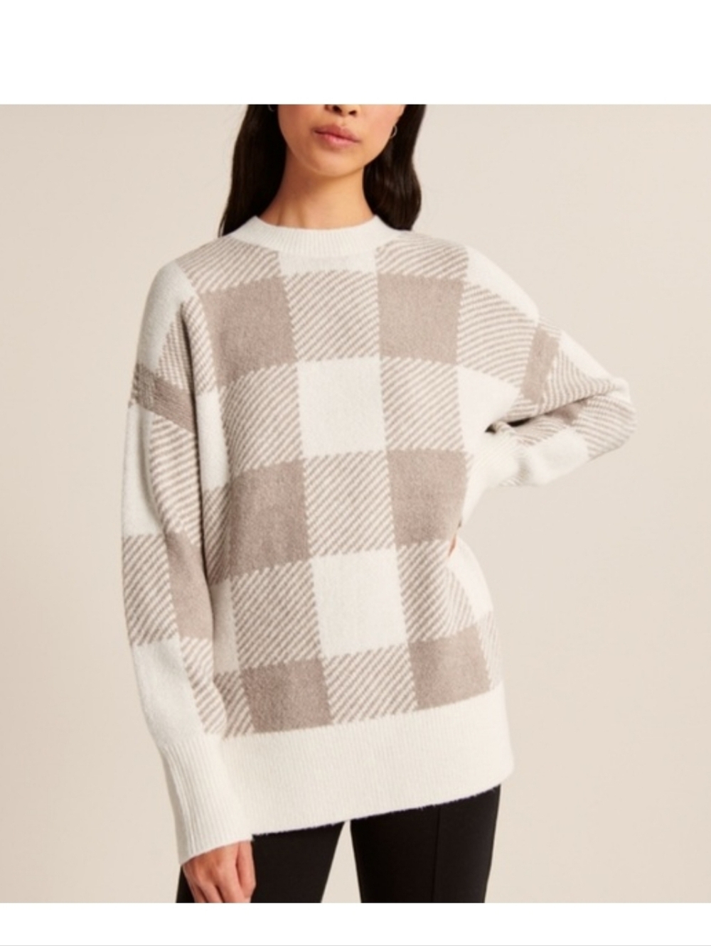 Abercrombie & Fitch Buffalo Plaid Crewneck Sweater Size M Tan Ivory Cozy Y2K#115